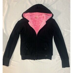 VTG Roxy Y2K Fur Lined Hoodie S Surf Skate Cyber Grunge Jacket Full Zip Black